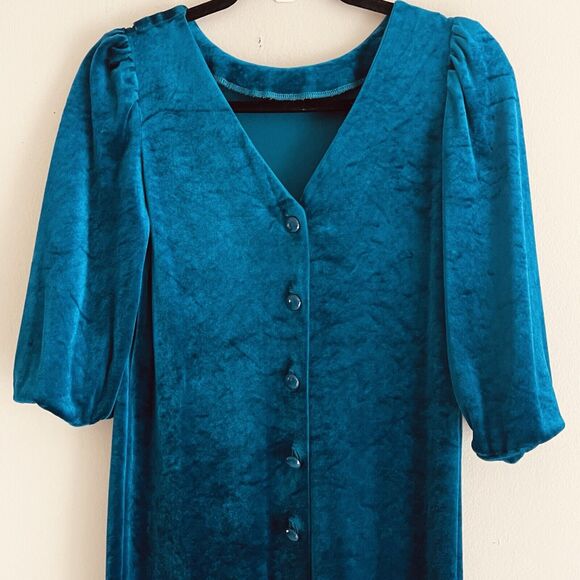 Jodi Michaels Vintage Dress M Back Buttons Puff Sleeves Velvet Turquoise Green - Picture 8 of 16
